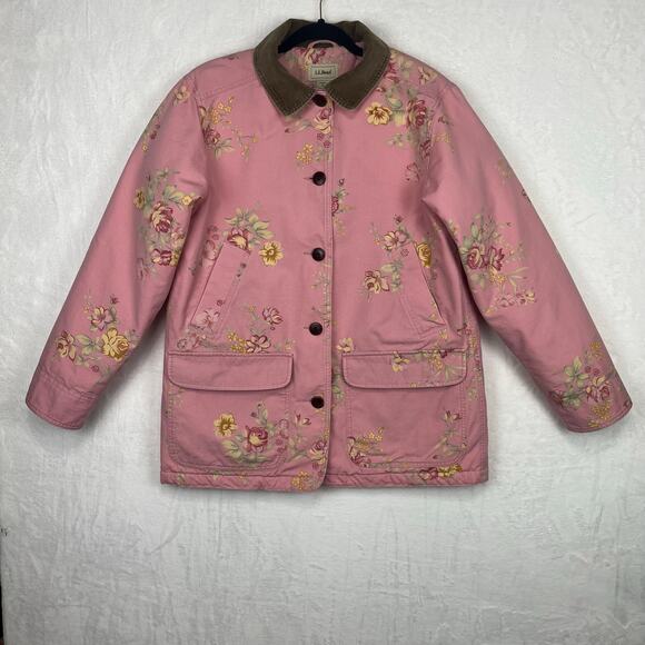 Vintage L.L. Bean Barn Chore Coat Floral Pink Jacket Medium Quilted Thinsulate - Picture 3 of 16